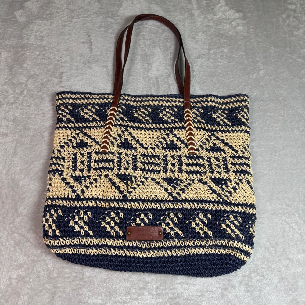 Lucky‎ Brand Navy Blue Cream Woven Straw Raffia Tote Bag Leather Trim